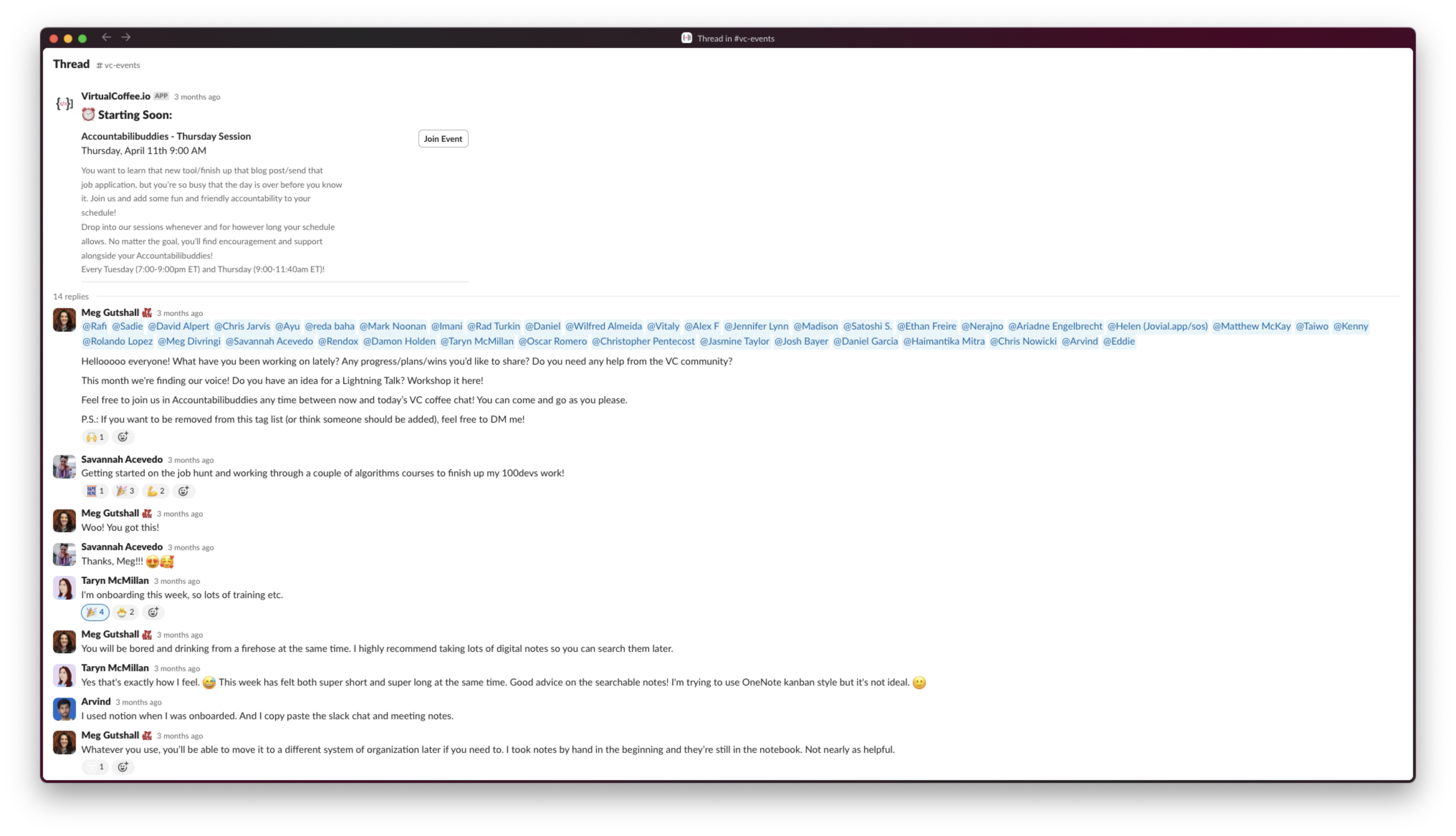 Thread on post to the #vc-events channel in Slack
